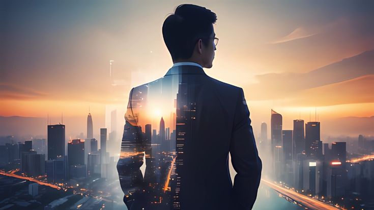 the business man standing back during sunset overlay with cityscape